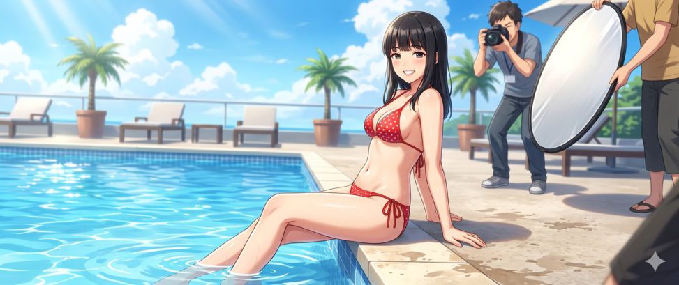 赤いビキニの水着姿でプールサイドで撮影されるグラビアアイドル