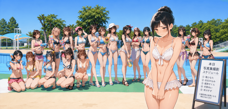 プールサイドの写真撮影会で恥ずかしそうな姿のグラビアアイドルたち