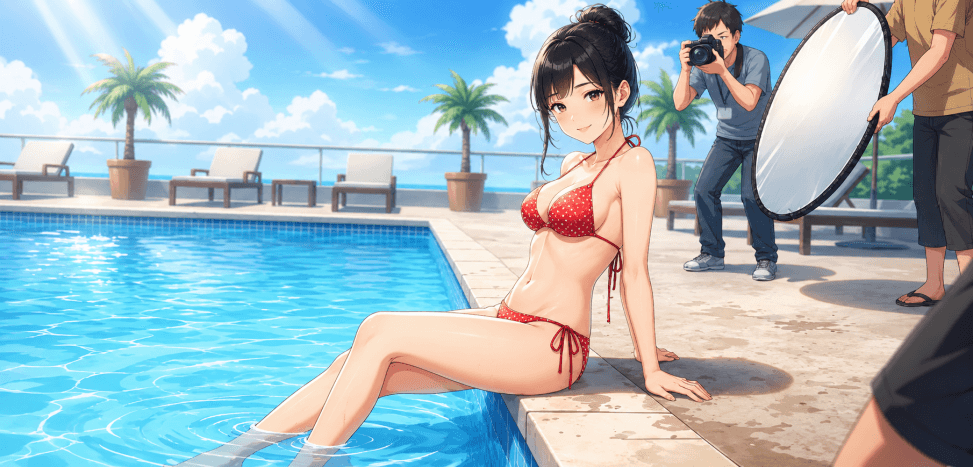赤いビキニの水着姿で撮影中のグラビアアイドル