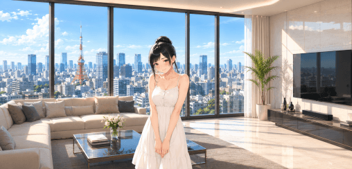 高層マンションのリビングで白いワンピース姿の女優が恥ずかしそうにたたずんでいる