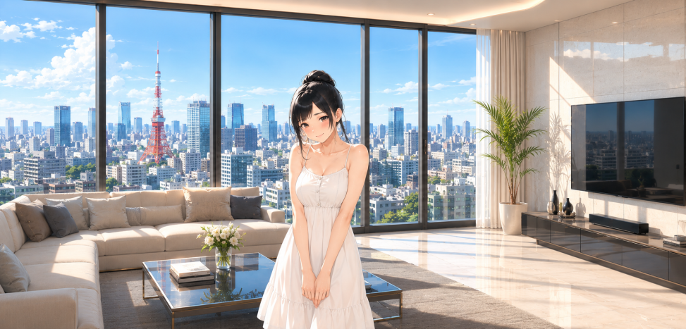 高層マンションのリビングで白いワンピース姿の女優が恥ずかしそうにたたずんでいる